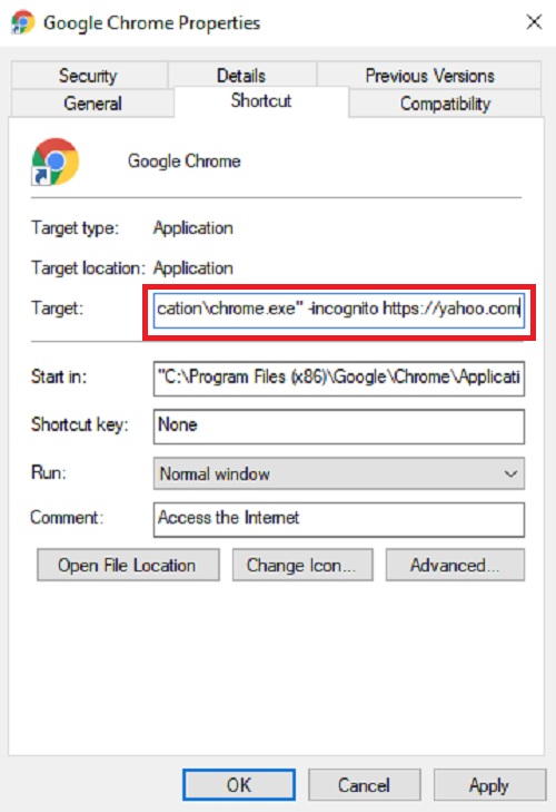 how to create an incognito shortcut specific website chrome